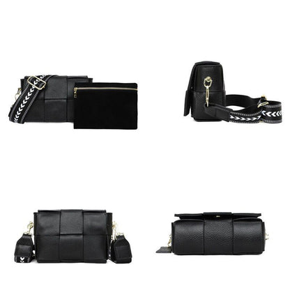 Genuine Leather Shoulder Bags Woven Cow Leather Crossbody Bags Wide Straps Purse