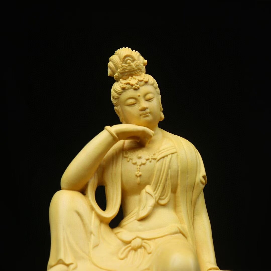 Chinese 100% Boxwood Wood Hand Carved Guanyin Kwan-yin buddha Statue table deco