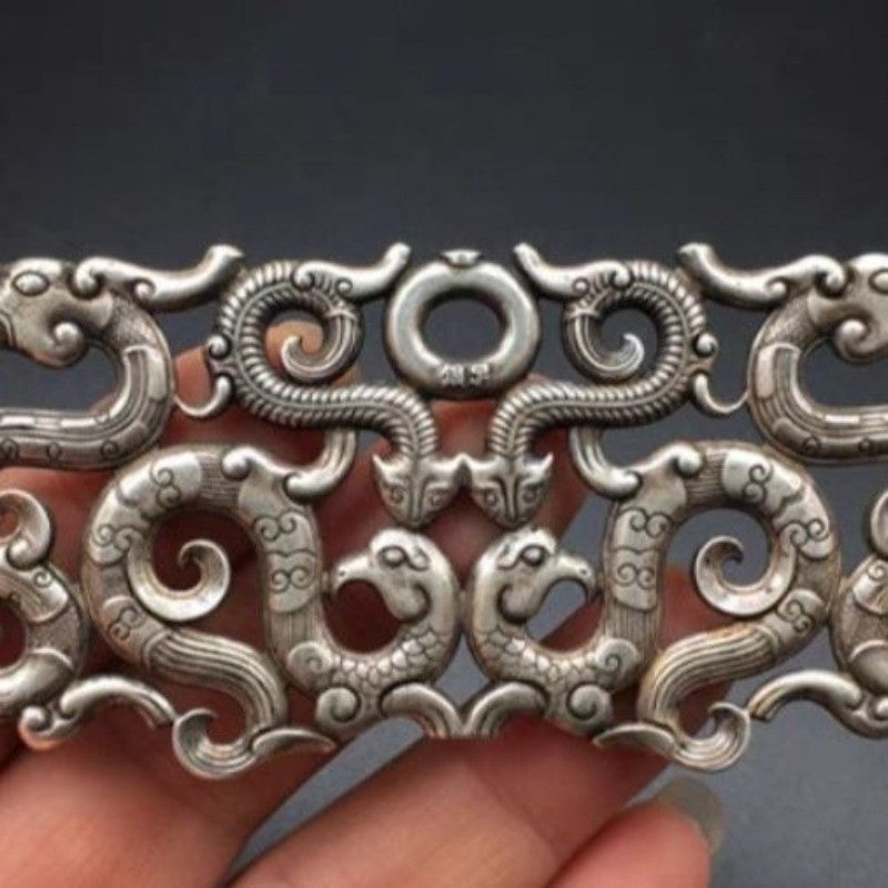 Retro White Copper Silver Plated Hollow Double Dragon Pendant Carved Decor