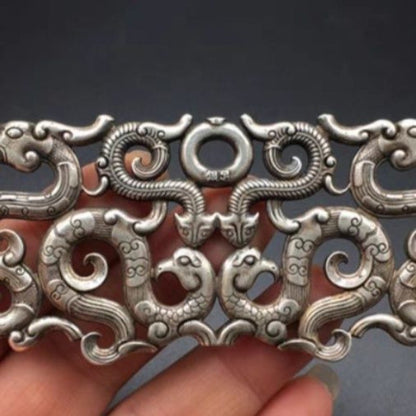 Retro White Copper Silver Plated Hollow Double Dragon Pendant Carved Decor