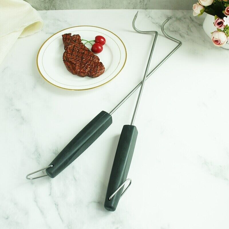 Meat Hook Stainless Steel BBQ Grilling Wood Handle Skewers Set - Thumbnail 2