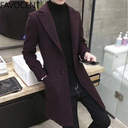 Men's Long Casual Top Coats Warm Coat Lapel Collar Overcoat Windbreaker