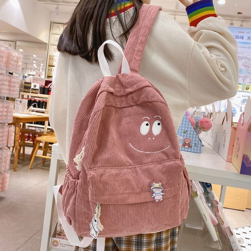 Corduroy Laptop College Backpack Green Cute School Bag Traveling 31*11*39CM Pink