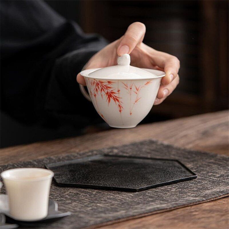 150ML Ceramic Tea Gaiwan Teacup Handmade Tea Tureen White Porcelain Tea Cup