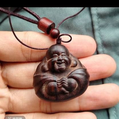 Indonesian Agarwood Maitreya Pendant Carved Buddha Amulet Necklace Hand Piece