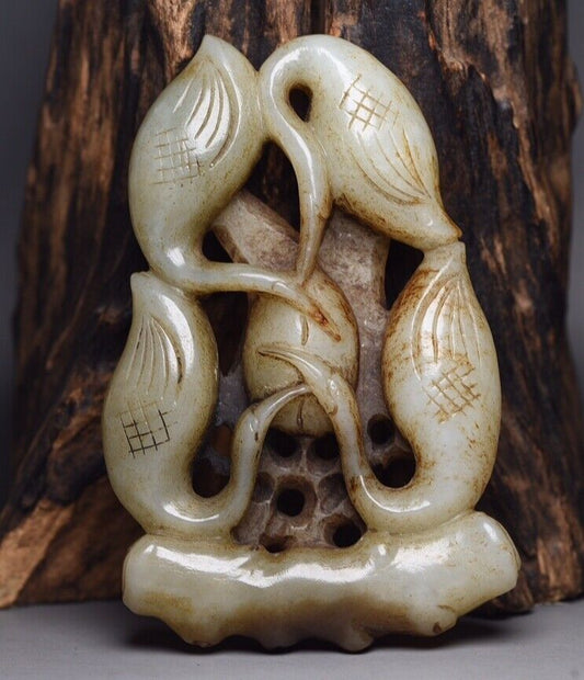 China Vintage Antique Natural Hetian Jade Carved Exquisite Crane Statue Artwork