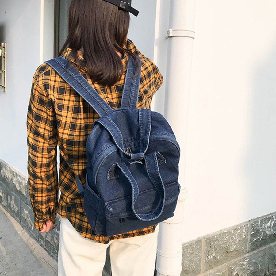 Denim School Bag Backpack High Capacity Traveling Bag 27*35*12 CM Blue Purse 1PC