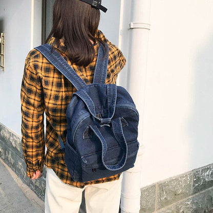 Denim School Bag Backpack High Capacity Traveling Bag 27*35*12 CM Blue Purse 1PC