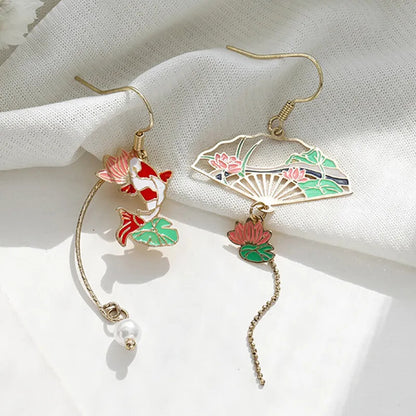 Chinese Style Folding Fan Carp Lotus Asymmetrical Long Tassel Dangle Earrings