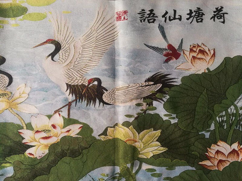 Old Chinese silk Embroidery Painting "Lotus Pond Fairy" 90256
