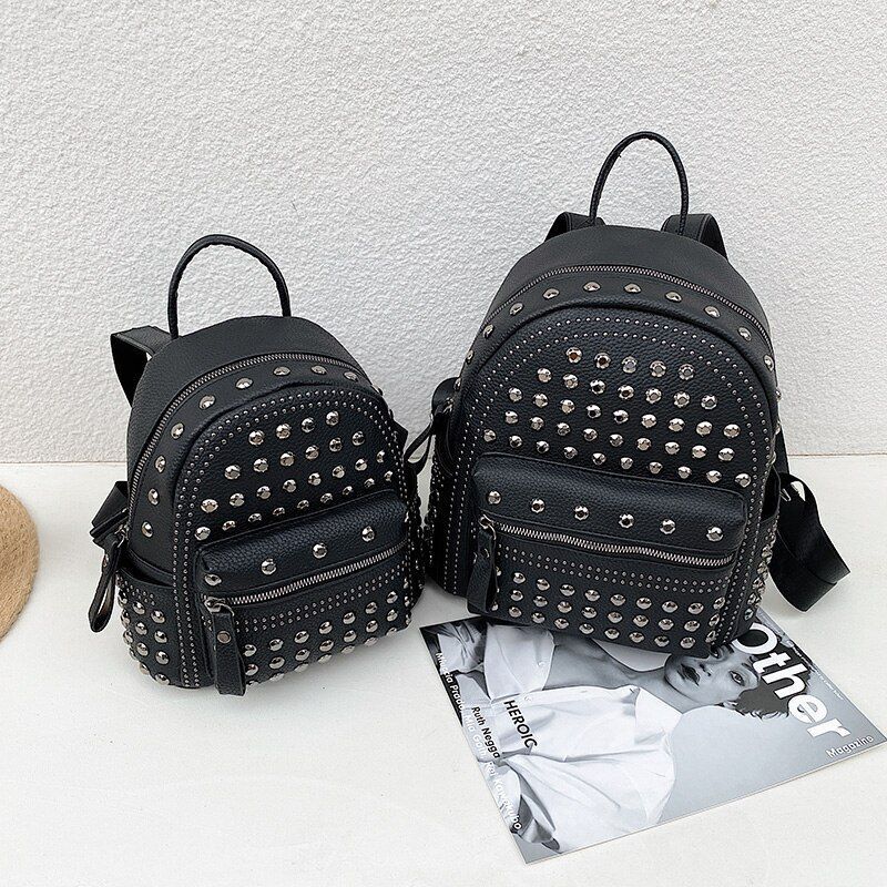 Punk Style Rivet Black Leather Backpack Zip Small/ Big Bag Women Purse Traveling