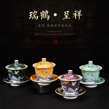 Gaiwan Crane Sancai Cover Bowl To Tea Bowl Tea Bowl Ceramic Gilt Crane Bubble