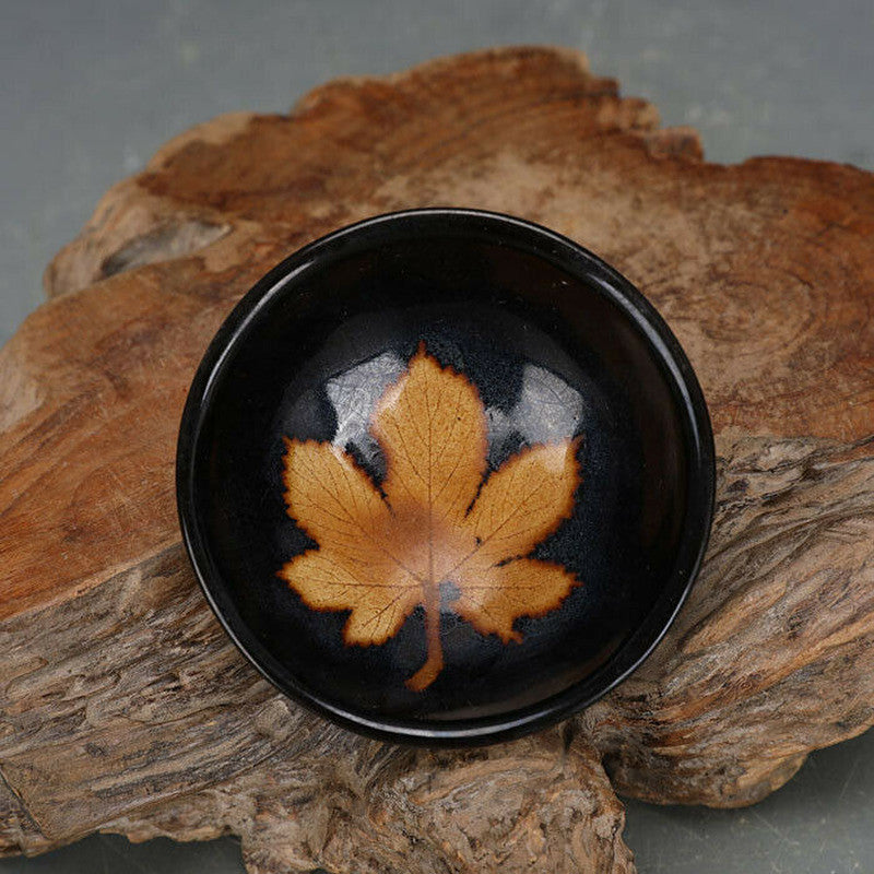 3.35 inch Chinese Song Jizhou Kiln Porcelain Black Glaze Maple Leaves Teacup Cup
