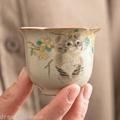 40ml Chinese Ceramic Ru Kiln Cute Cat Teacup Kung Fu Tea Set Master Cup