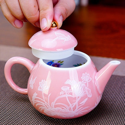 Porcelain Tea Set For Lady Pink Floral Print Tea Pot Matching Tea Cup Master Cup