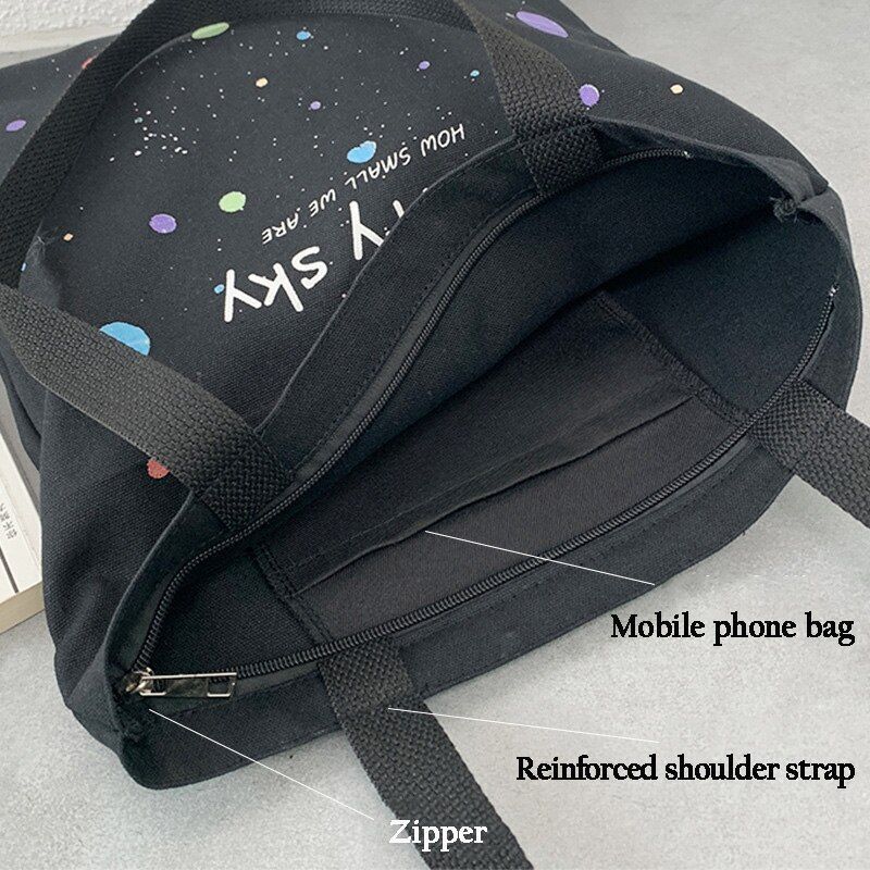 Shoulder Bag Canvas Tote Large Shopper Bag Zipper Starry Sky Print Handbag 1 PC