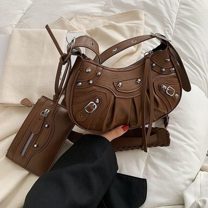 Half Moon Shape Leather Armpit Crossbody Bag Punk Style Vintage Handbag 2Pcs/set
