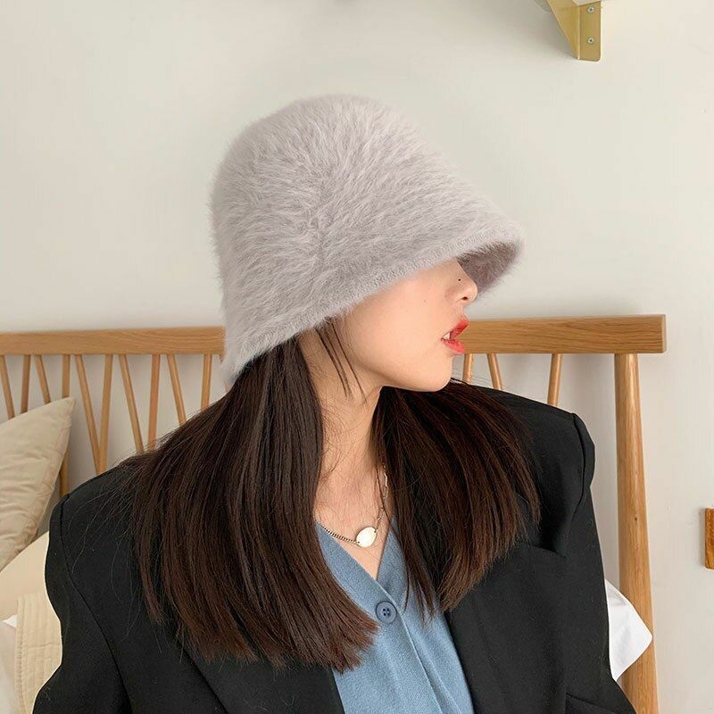 Hat Winter Women Solid Color Rabbit Fur Bucket Cap Fisherman Retro Knitted Wool