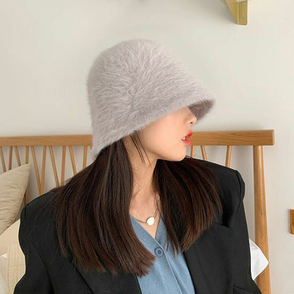 Hat Winter Women Solid Color Rabbit Fur Bucket Cap Fisherman Retro Knitted Wool