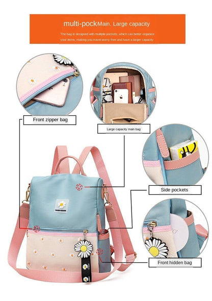 Daisy Pattern Oxford Waterproof Backpack Large Anti-theft Nylon Shoulder Bag 1PC