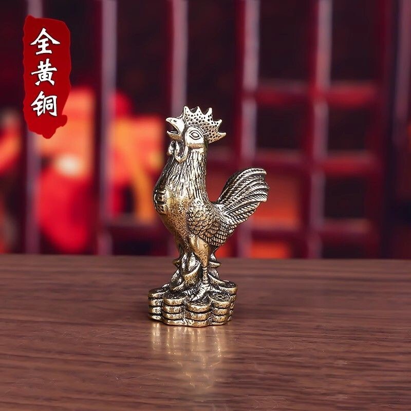 2.1" Solid Brass Chinese Zodiac Rooster Small Statue Tea Pet Lucky Ornament