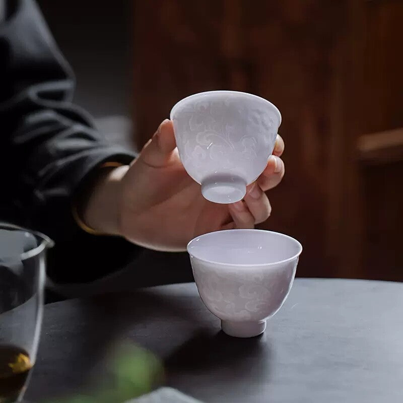 Chinese Tea Cup For Lady Porcelain Kungfu Cup Handmade Floral Relief Boutique