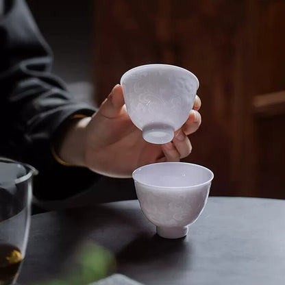 Chinese Tea Cup For Lady Porcelain Kungfu Cup Handmade Floral Relief Boutique