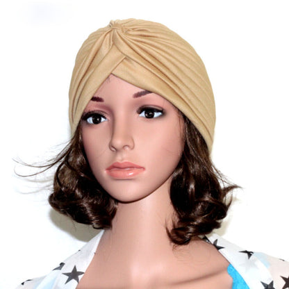 Women Stretchy Turban Hat Muslim Hat Solid Color Wrap Hijab Knotted Indian Caps