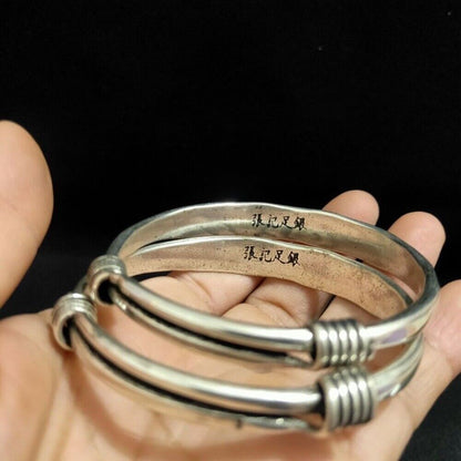 A Pair Old Chinese Tibet Silver Handcarved Dragon Phoenix Bracelets 9034