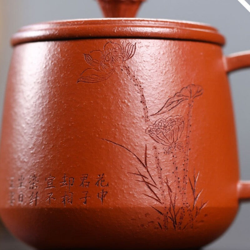 Full Handmade Tea Cup With Lid Handle Lotus Flower Carved Real Zisha Zhu Clay