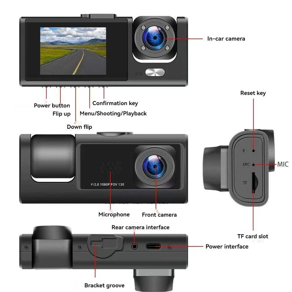 3-Channel Dashcam FHD1080P Ultra-Wide Reversing Vision