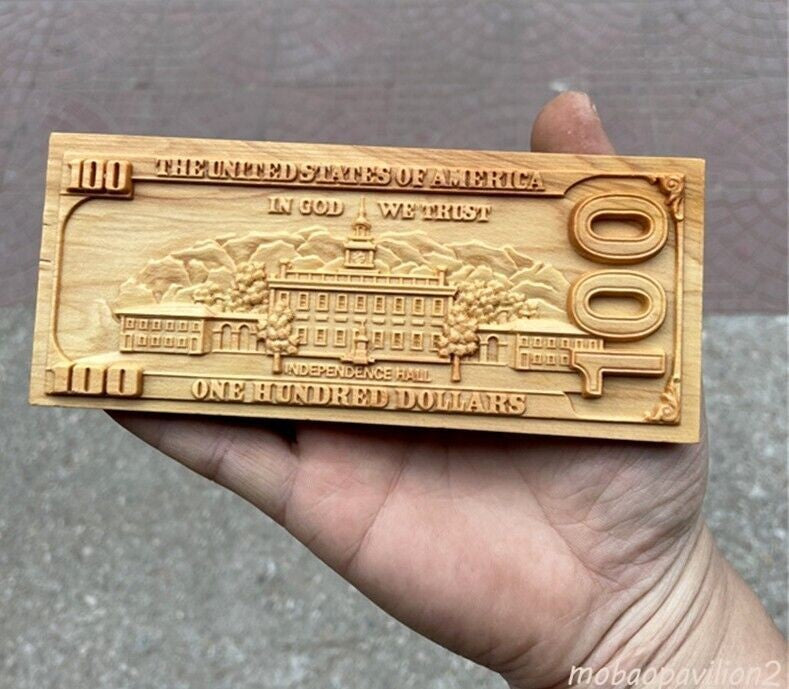 Cypress Wood Carved 100 Dollar Bill Statue Collection Decor