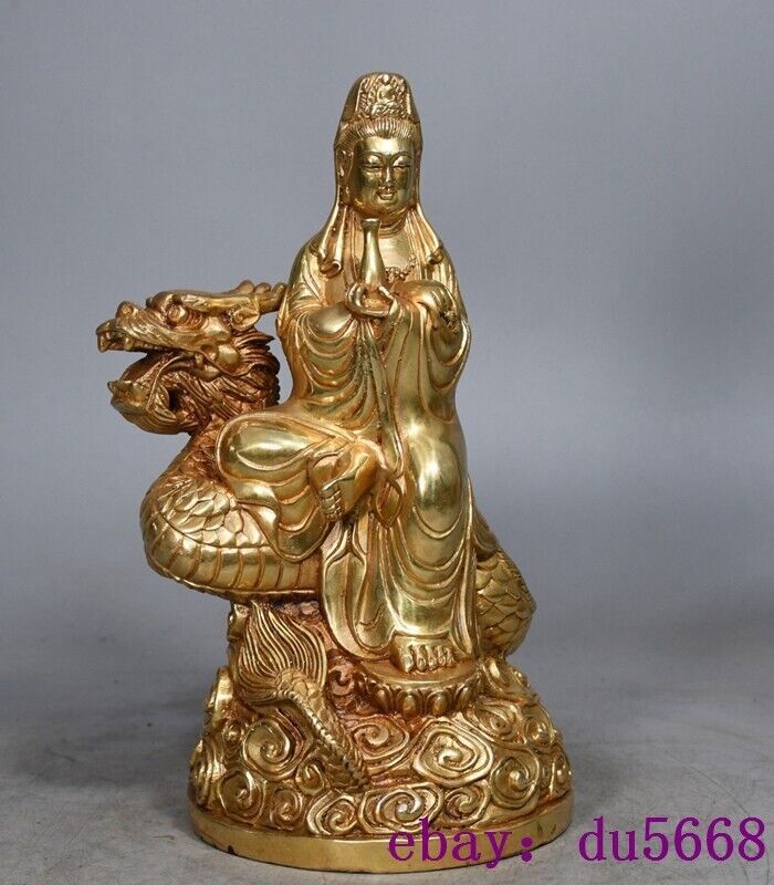 8.8"old China Buddhism temple bronze Gilt dragon Kwan-Yin GuanYin Buddha statue