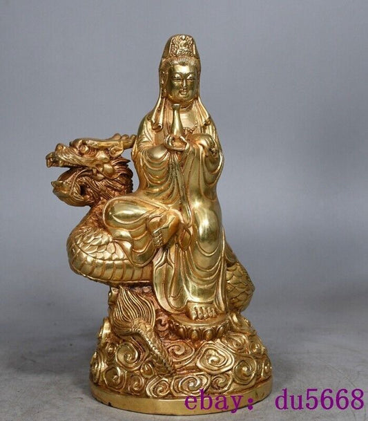 8.8"old China Buddhism temple bronze Gilt dragon Kwan-Yin GuanYin Buddha statue