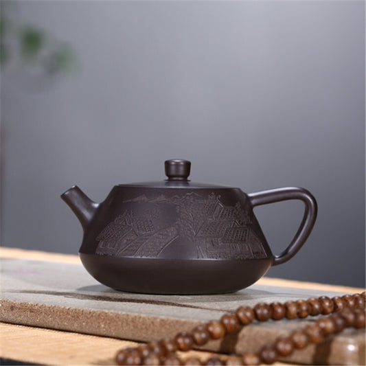 4.9" China Yixing Zisha Pottery Black Clay Handmade 210cc Scenery Teapot 江南水乡