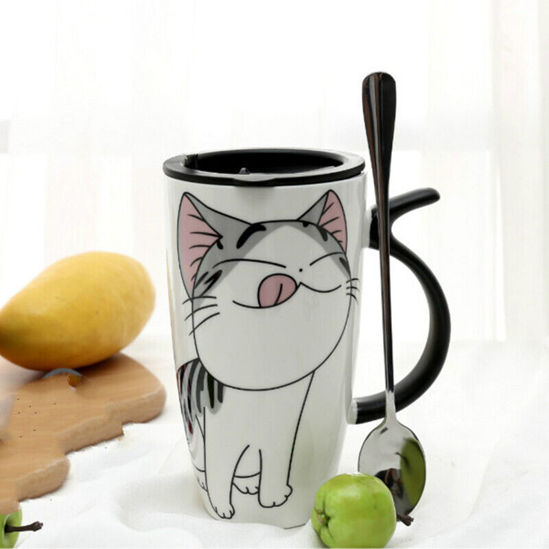 Creative Cat Ceramic Mug With Lid Spoon Cartoon Milk Tea Cup Porcelain Mug Set