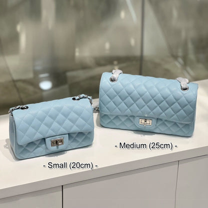 Quilted Real Leather Caviar Effect Double Flap Shoulder bag Handbag Purse Chains