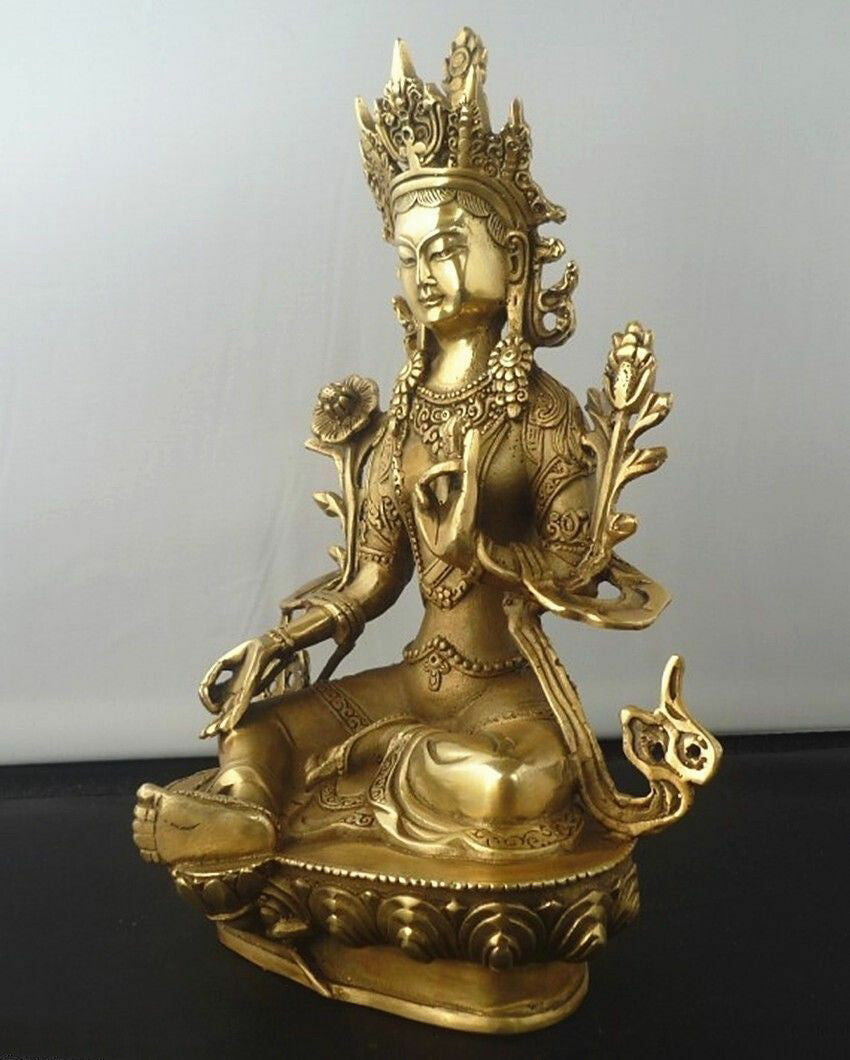 Old Tibetan Buddhism Bronze Green Tara Temple Angel God Kwan-yin Buddha Statue