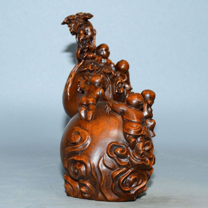 China Boxwood Hand Carved with Many Many Blessings Gourd Ornament Statue