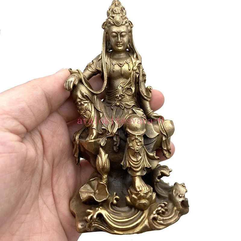 12.3cm Bronze Handcarved Leisurely Guan Yin Buddha Statue Collection Ornament
