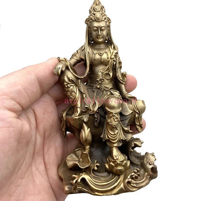 12.3cm Bronze Handcarved Leisurely Guan Yin Buddha Statue Collection Ornament