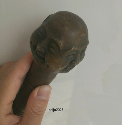 Brass Four-Face Buddha Head Walking Stick Cane Handle Top Topper