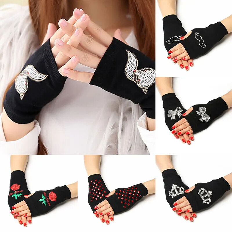 Women Fingerless Gloves Black Colour Half Finger Animals Pattern Rose Embroidery