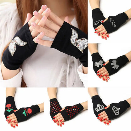 Women Fingerless Gloves Black Colour Half Finger Animals Pattern Rose Embroidery