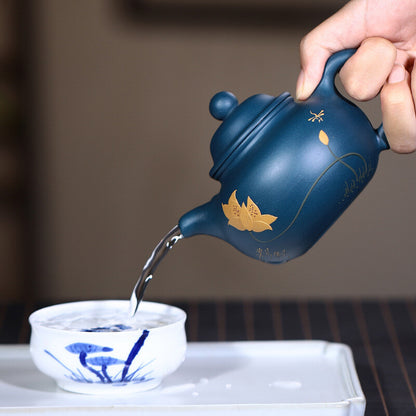 220ML Collect Chinese Yixing Zisha Pottery Celeste Clay Mesh Lotus Flower Teapot