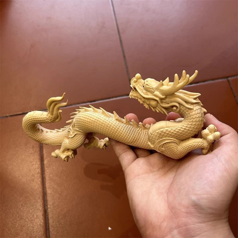 Natural Boxwood Carved Dragon Statue Beast Feng Shui Home Office Decor