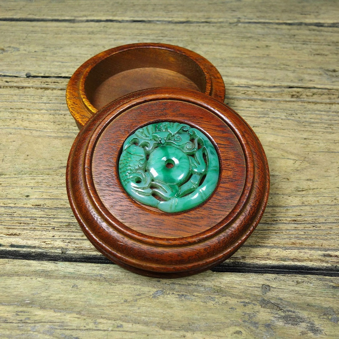 Vintage Rosewood Bracelet Box, Inlaid Jade, Wealth & Abundance, 10cm