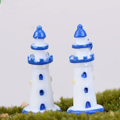 2pcs Fairy Garden Mini Moss Mini Resin Blue-bordered White Light house