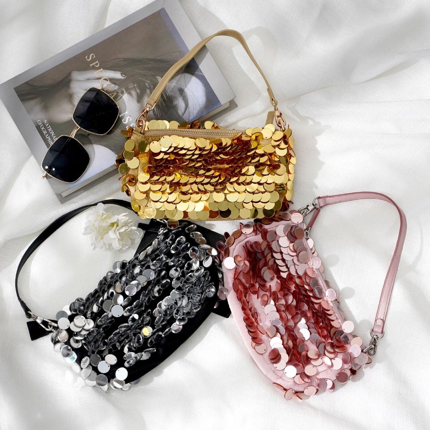 Silver Metal Sequins Chain Woven Bag Hollow Evening Bags Clutch Travel Shoulder
