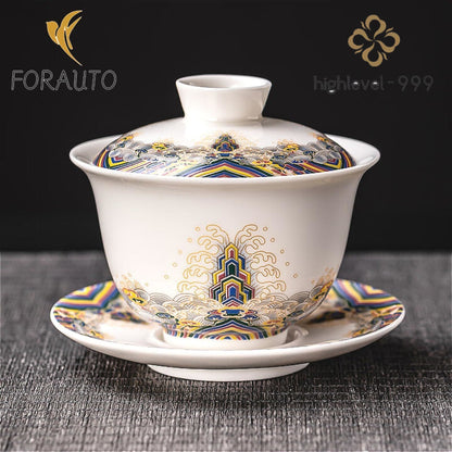 Jade Ceramics Enamel Colors Patterned Gaiwan 150ml 5.1oz White Kungfu Tea Set